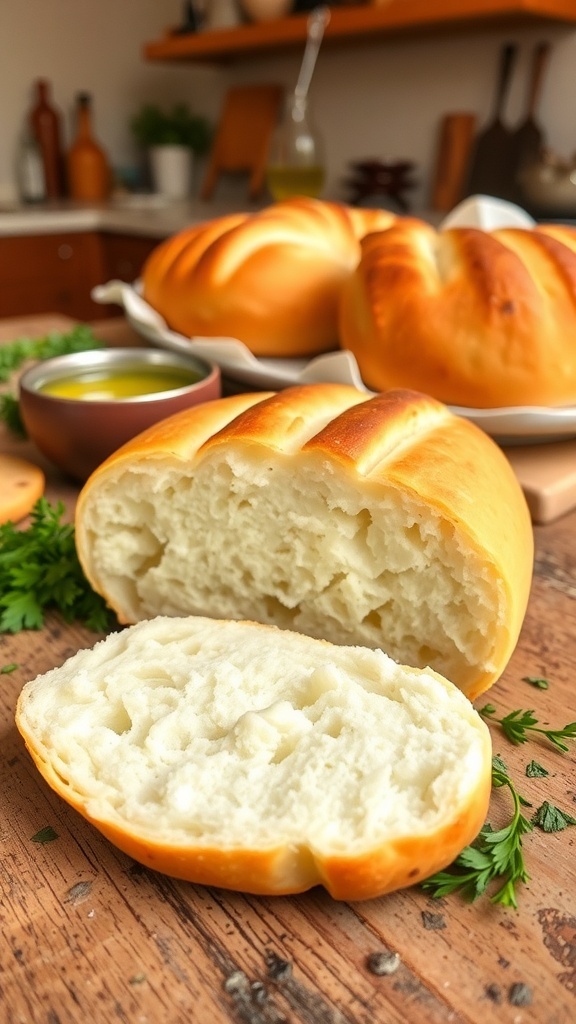 Fluffy Cloud Bread Recipe Fluffy cloud bread on a wooden table with herbs and olive oil.